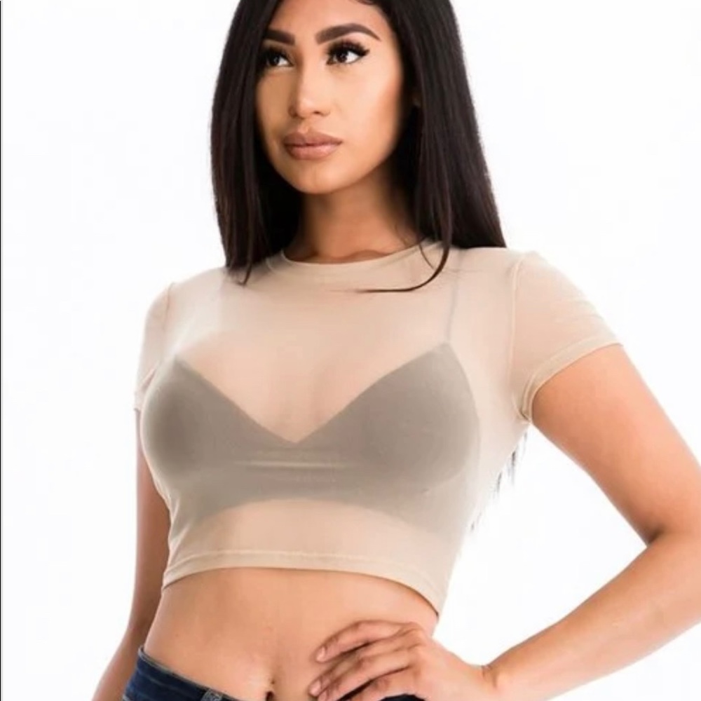 NEW ON TREND KHAKI CROPPED TOP SHORT SLEEVE SHEER MESH SHIRT - Picture 2 of 2